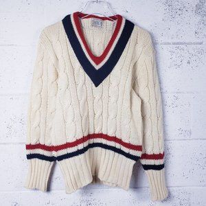 Vintage Yearite70s  V-neck  Wool Cable Knit Varsity Sweater Cream Red Blue Small
